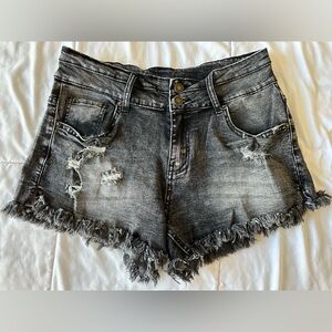 Distressed Black Denim Cut Off Shorts - Size L